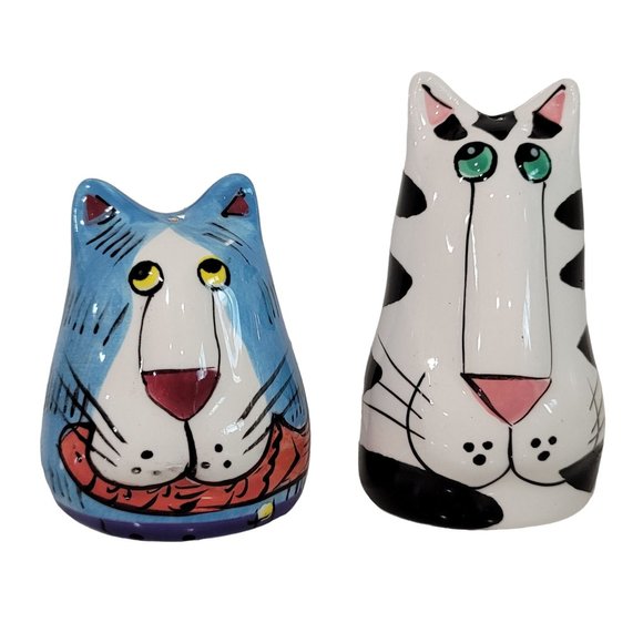 Catzilla White & Blue Ceramic Salt & Pepper Shakers by Candace Reiter 2000 - Picture 1 of 4